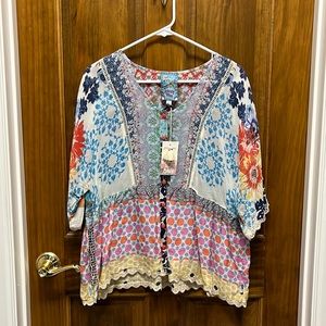 Johnny Was NWT multicolor silk top, size medium